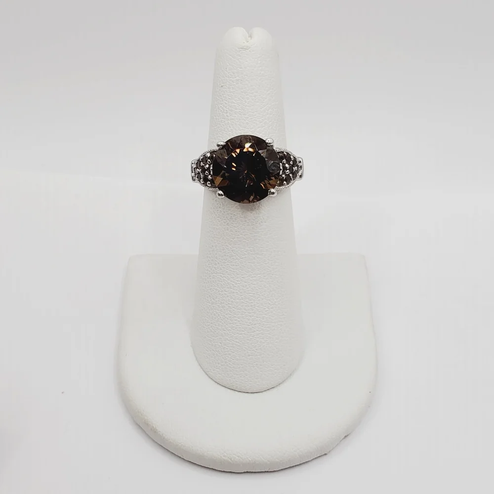 Genuine Round Smoky Quartz 925 Sterling Silver Ring